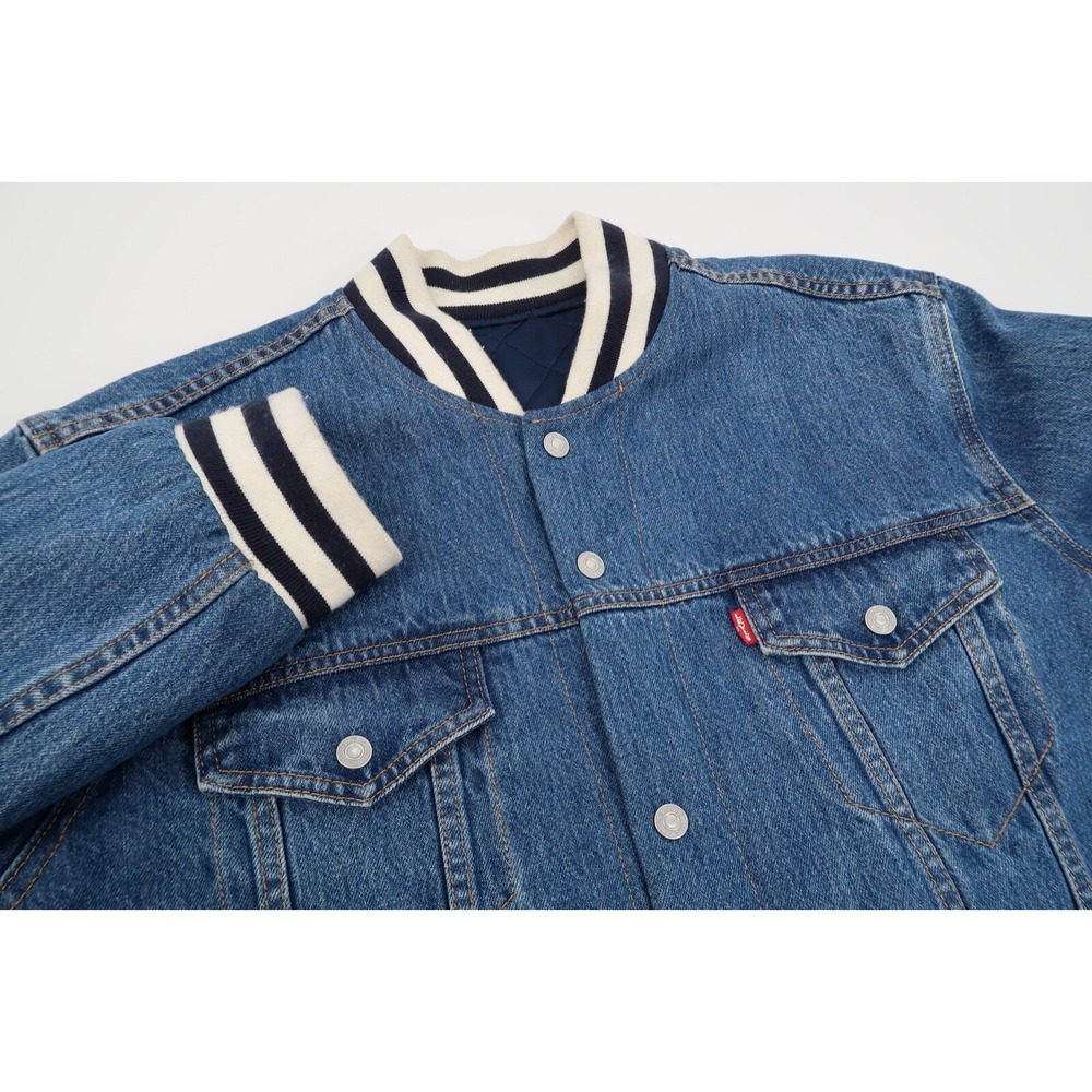 Levis Big E Men's XL Reversible Bomber Denim Quilted Varsity Jacket Blue